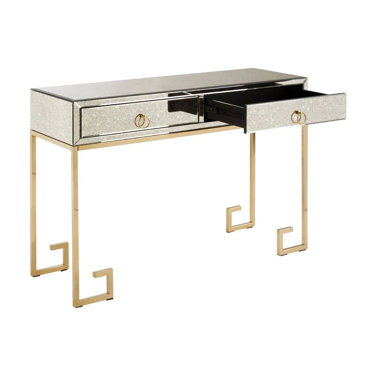Mirrored console table with two drawers and gold metal legs, one drawer open