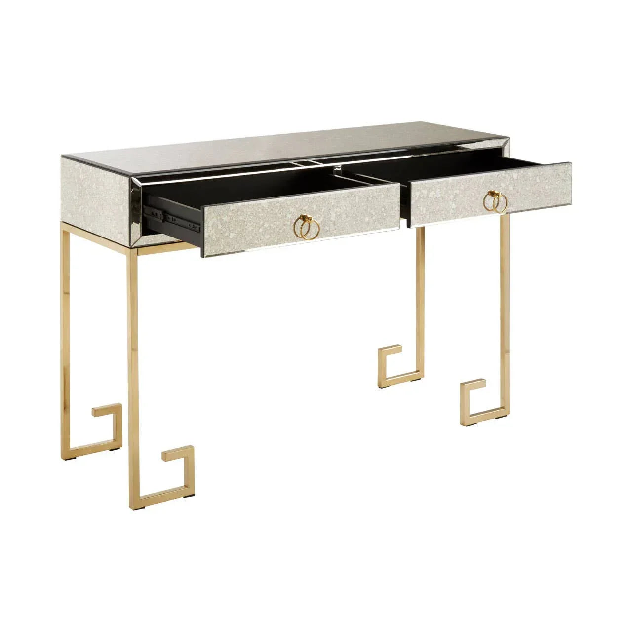 Mirrored console table with gold metal legs and two open drawers