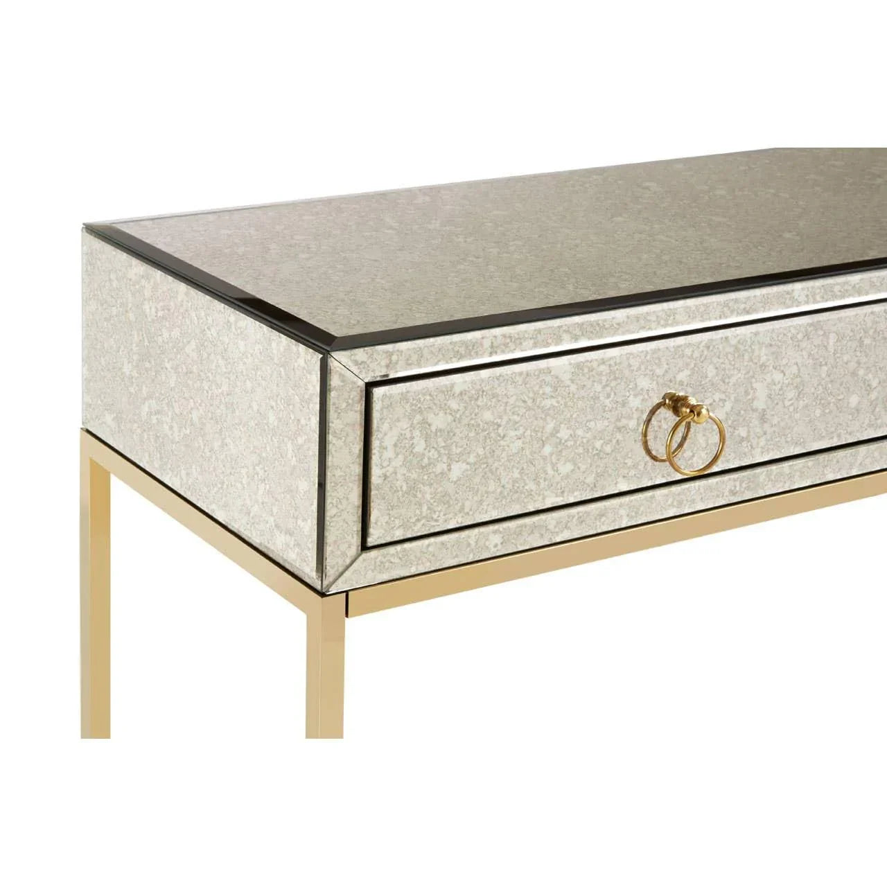 Mirrored console table with gold legs and single drawer featuring gold ring handle