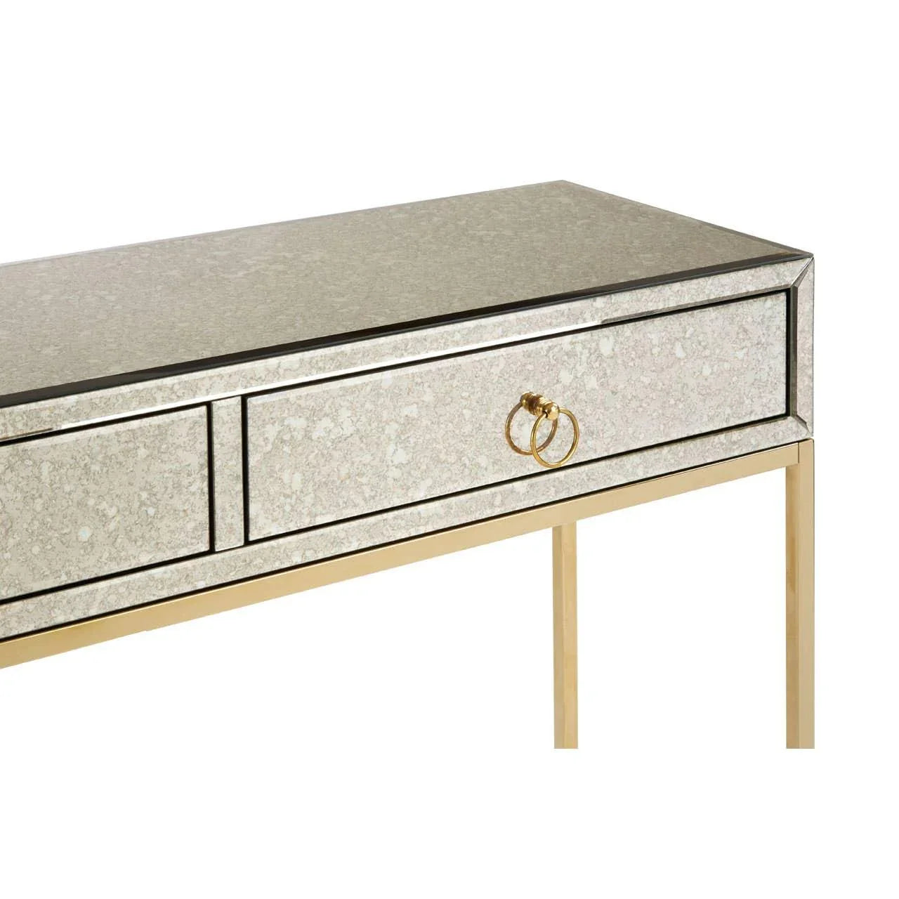 Mirrored console table with gold metal legs and single drawer featuring gold ring handles