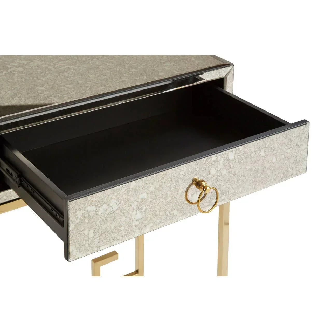 Mirrored console table with open drawer and gold ring handles on gold metal legs