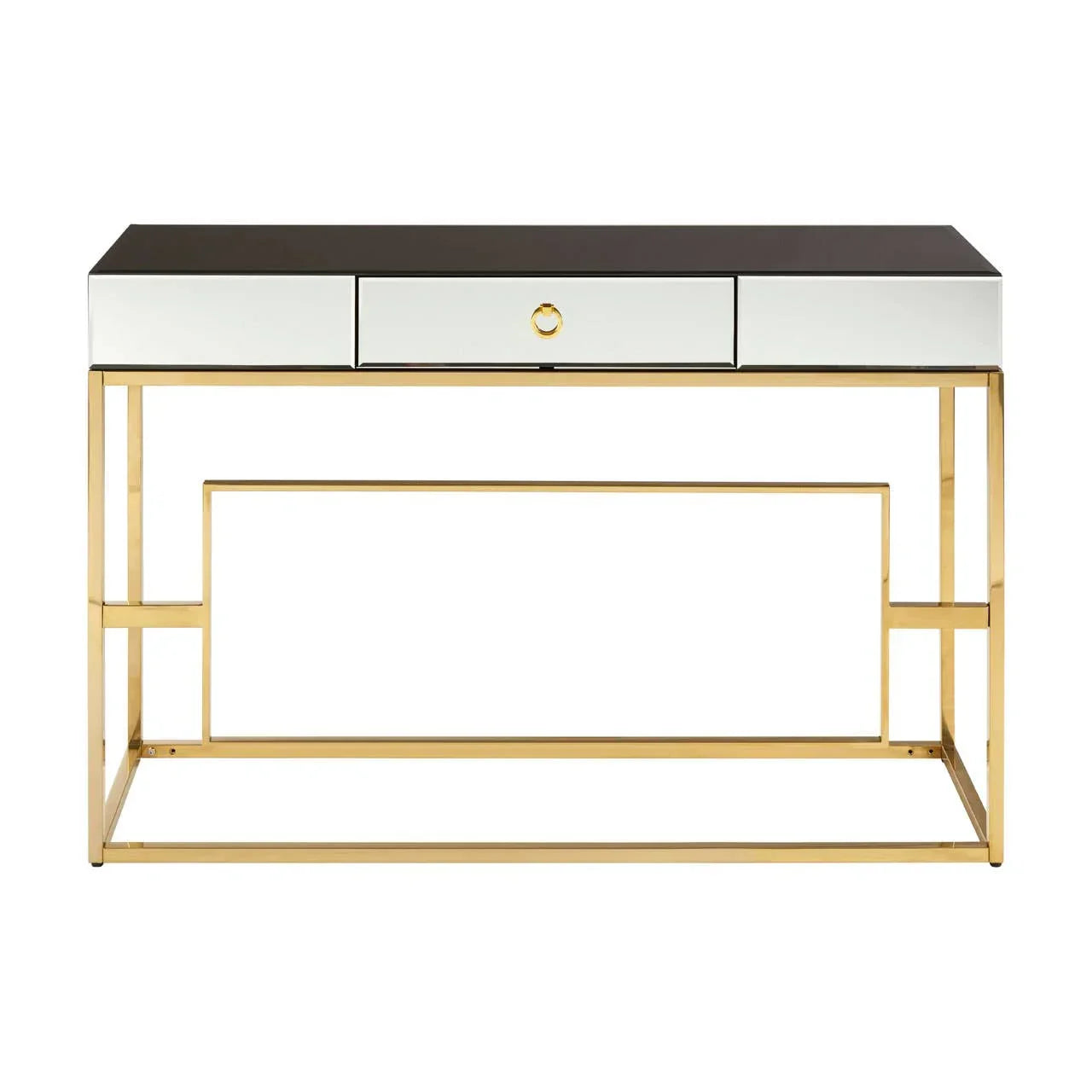Modern console table with gold metal frame, mirrored drawers and black glass top