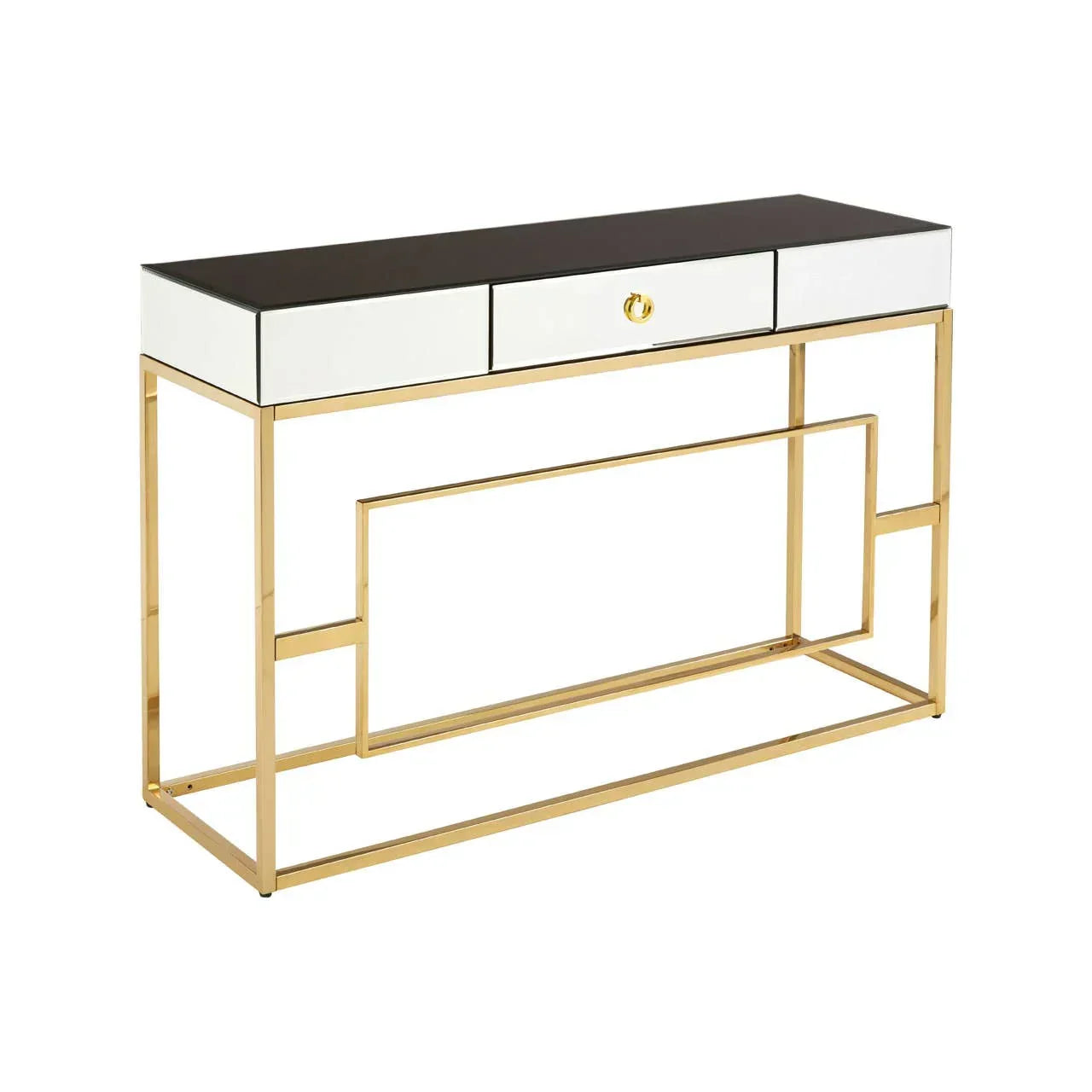 Modern console table with black top, white drawers, and gold metal frame