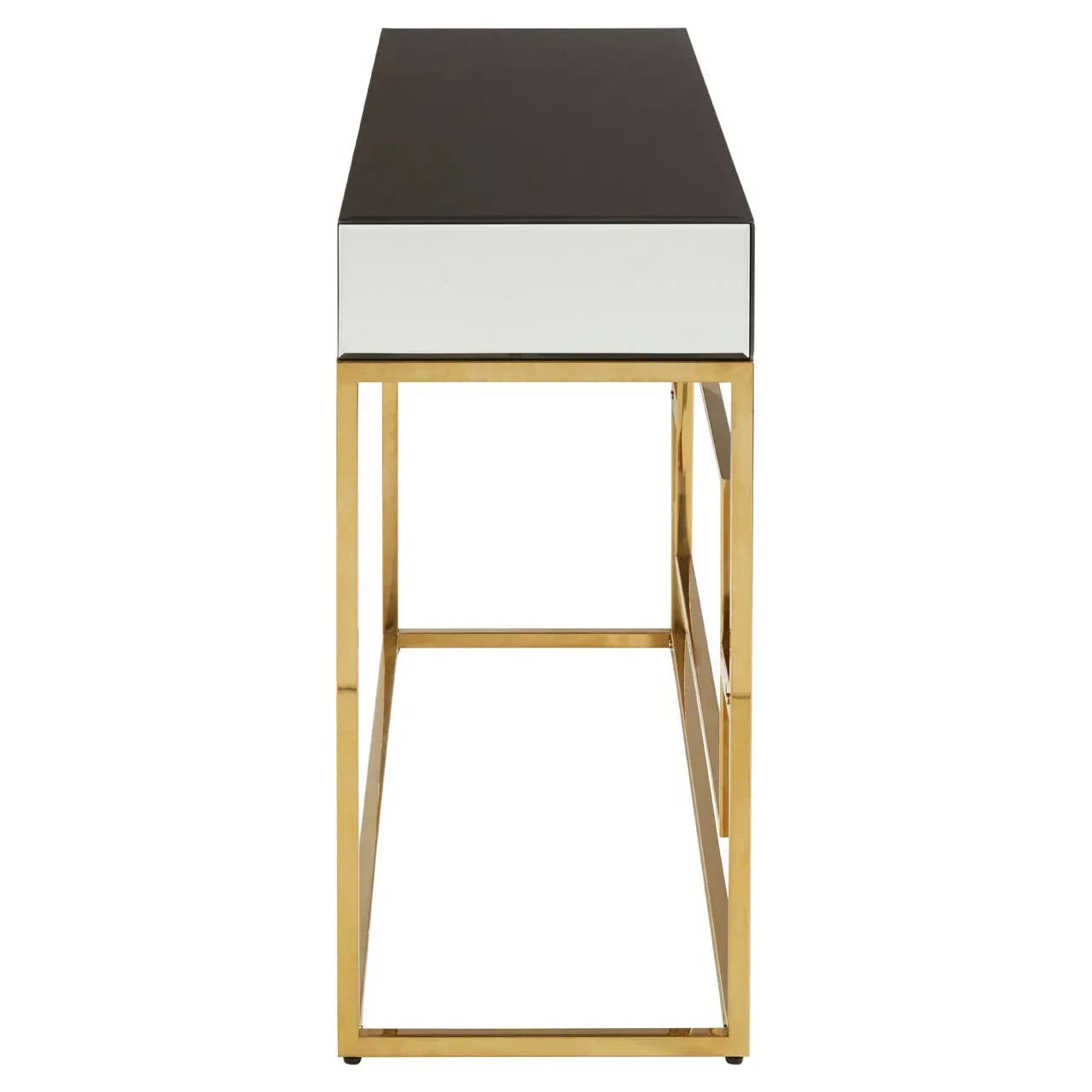 Console table with glossy black top, mirrored drawer and gold metal frame, side view