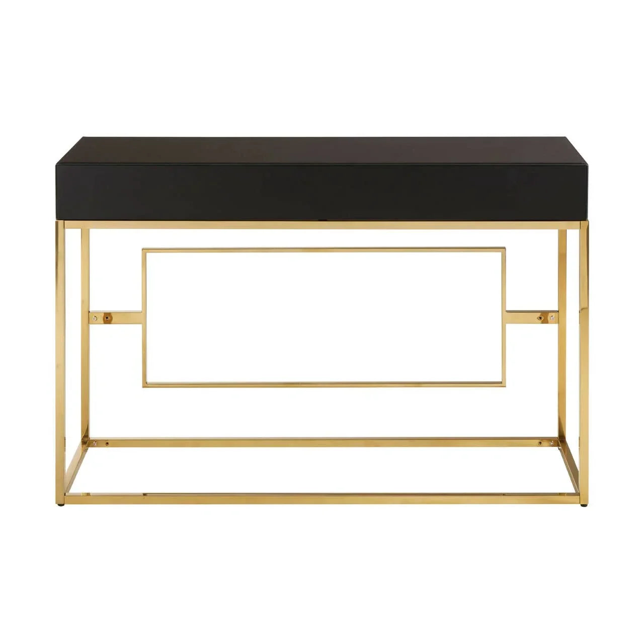 Black console table with gold metal frame and rectangular design