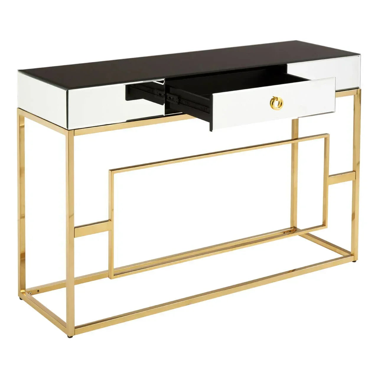 Black and mirrored console table with gold metal frame and open drawer