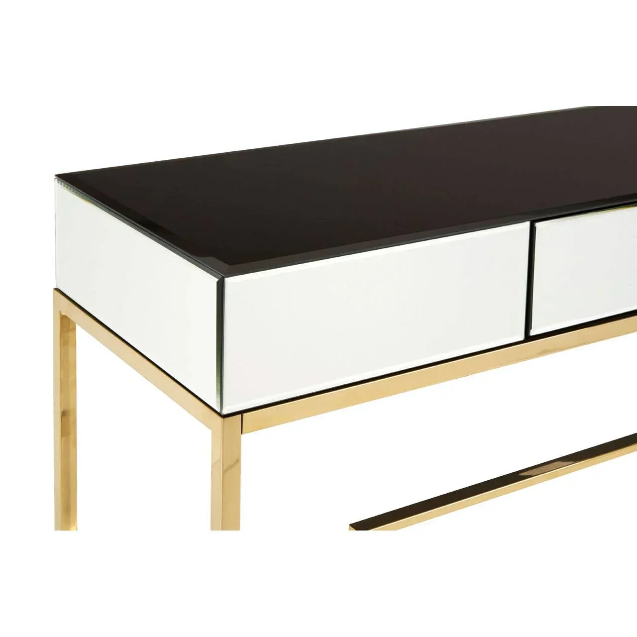 Mirrored console table with gold metal legs and black glass top, close-up angle