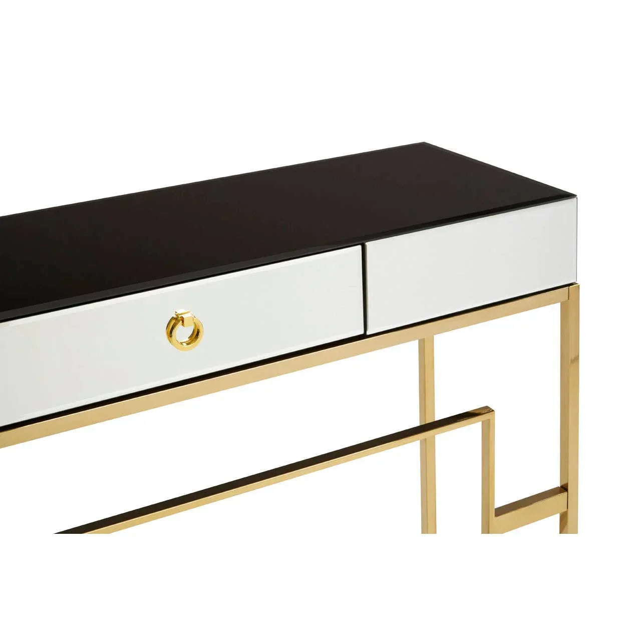 Modern console table with black top, white drawers, gold handles and metal frame