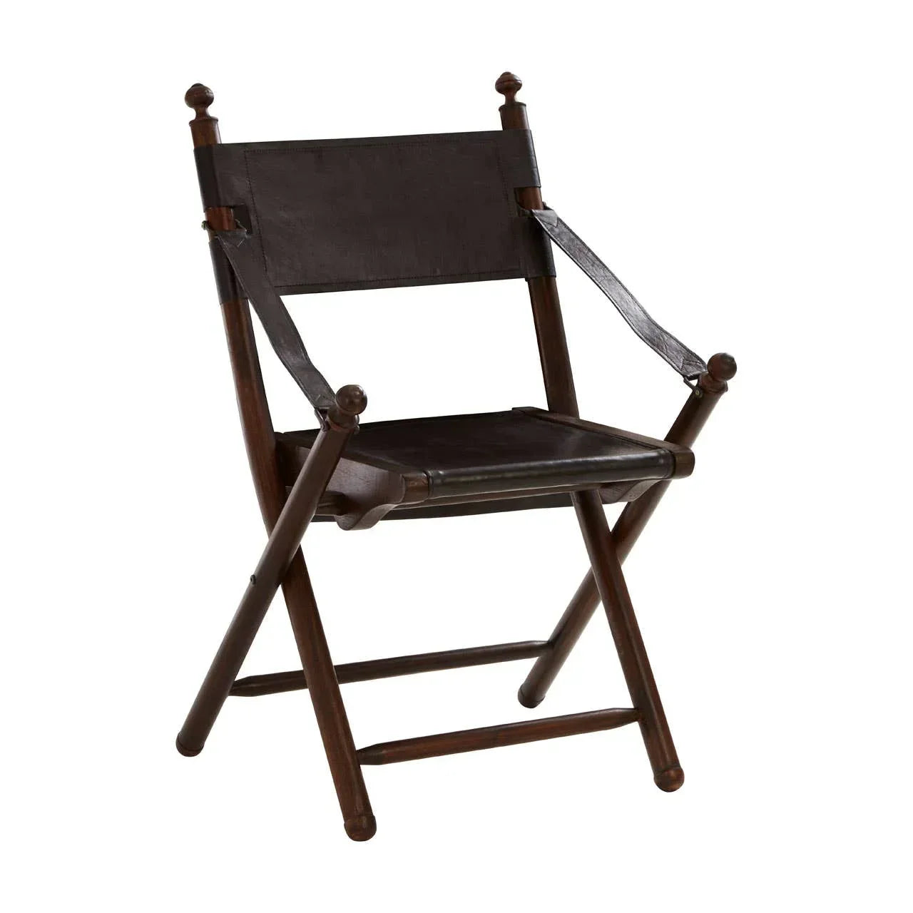 Dark wood folding director chair with black leather seat and backrest