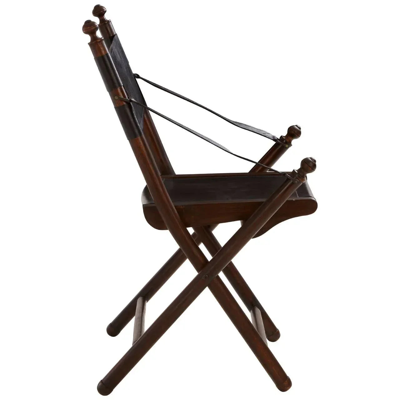 Side view of dark wood folding chair with leather seat and backrest