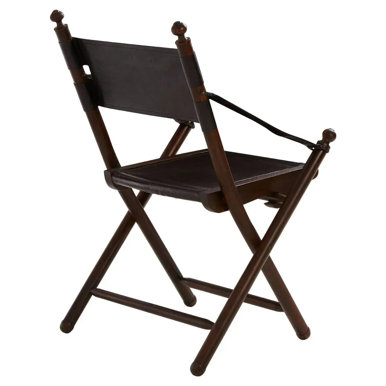Dark wooden folding chair with leather seat and backrest, angled rear view