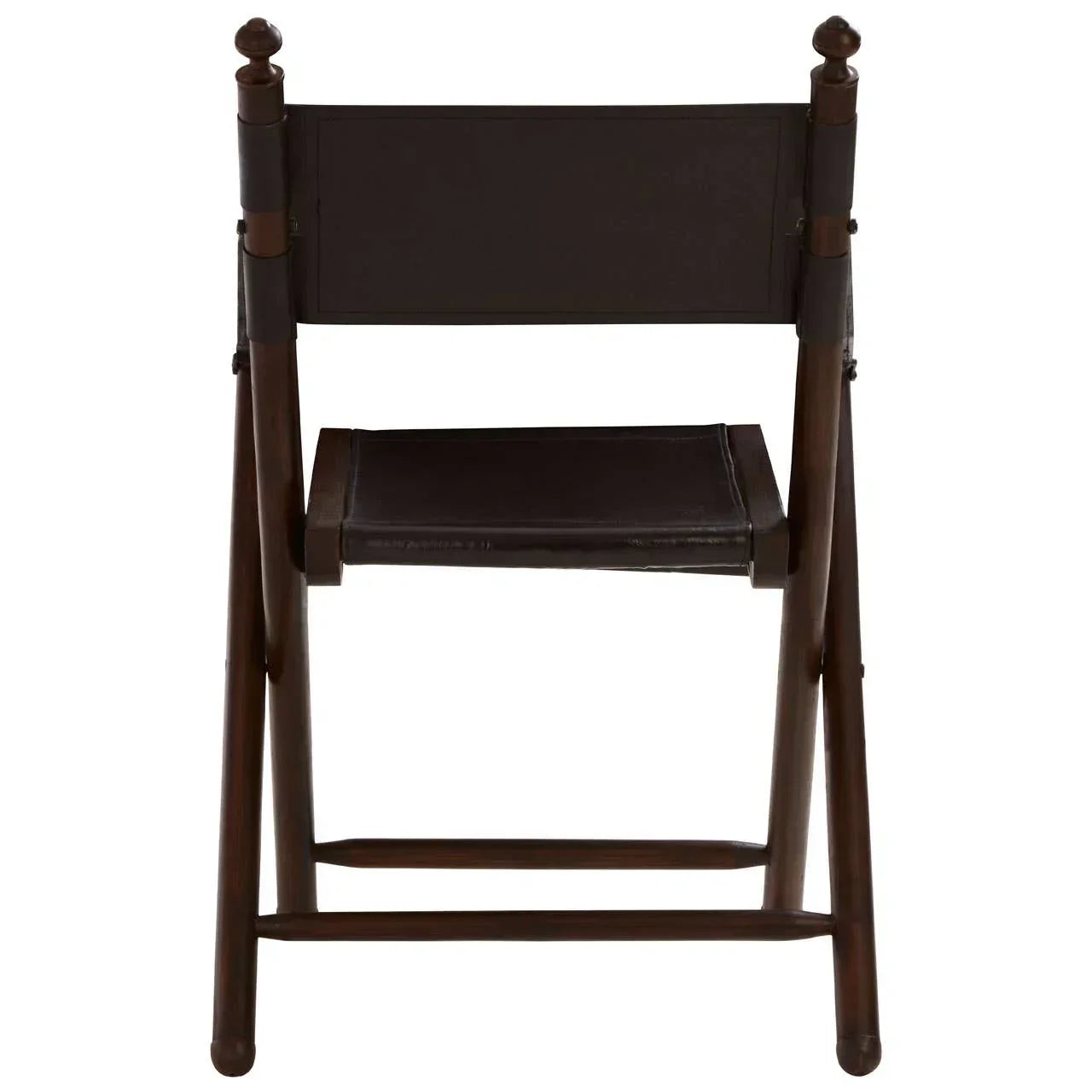 Dark brown wooden folding chair with leather seat and backrest, rear view