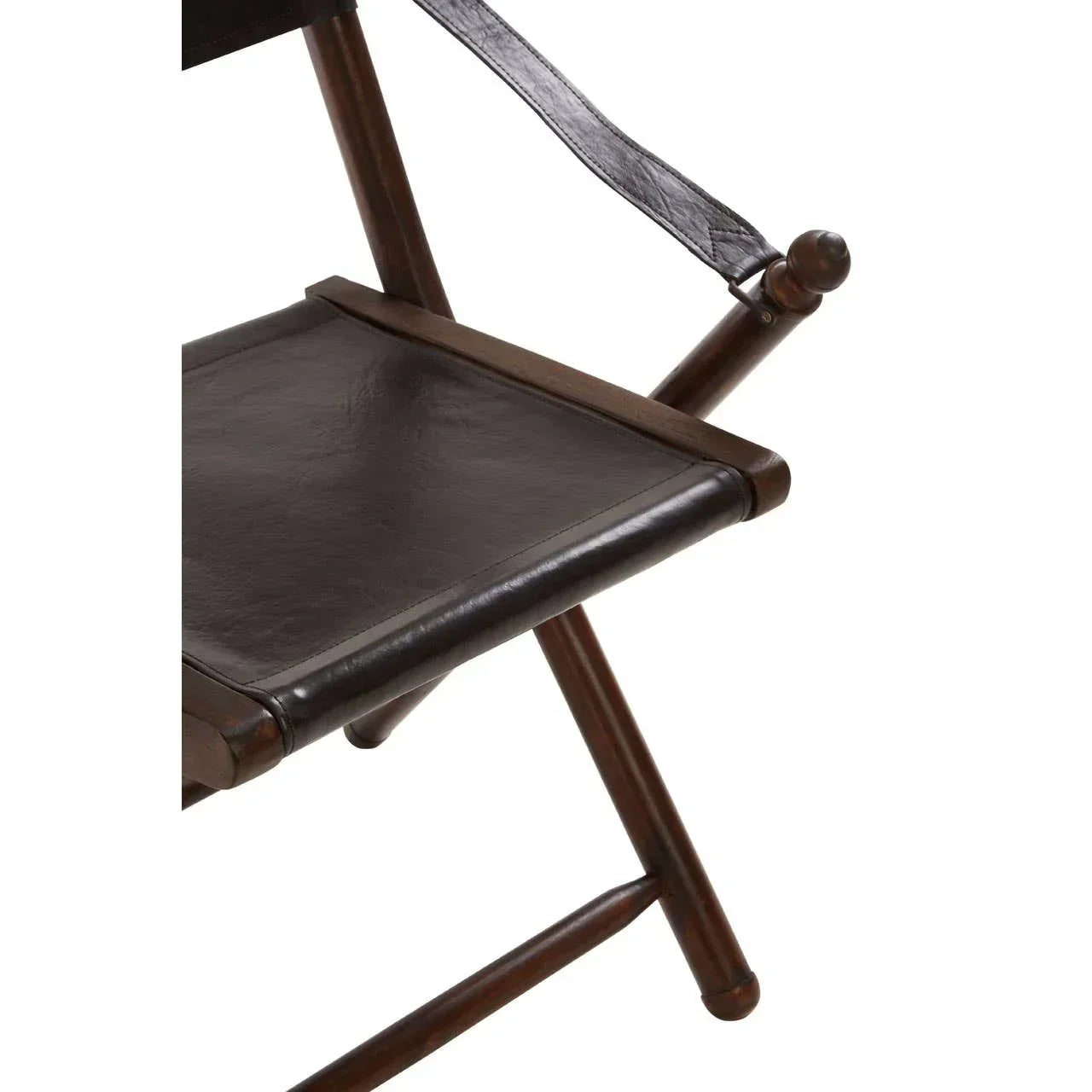 Closeup of dark leather seat and wooden frame of a folding chair