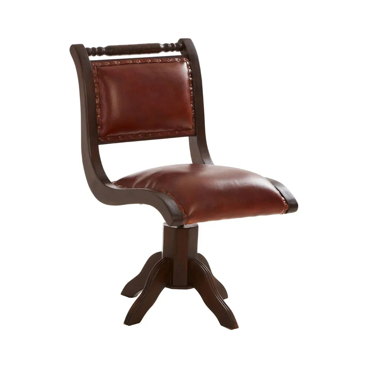 Brown leather dining chair with cushioned seat, wood frame and curved backrest