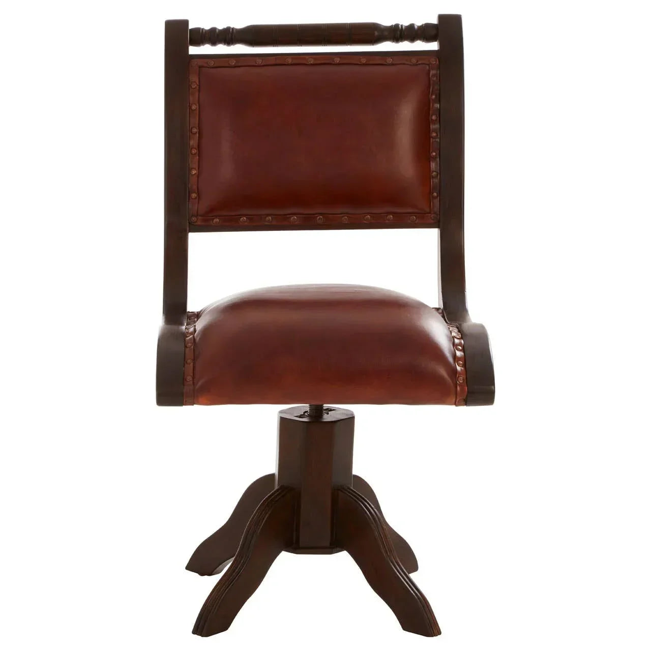 Brown leather swivel chair with dark wooden frame and upholstered seat front view