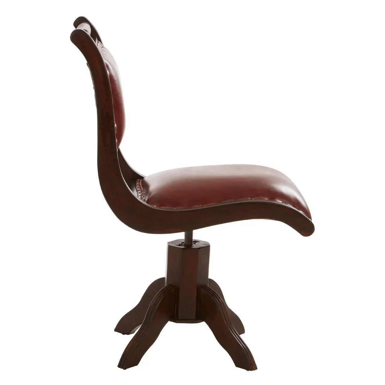 Side view of brown leather office chair with curved wood frame and four-legged base