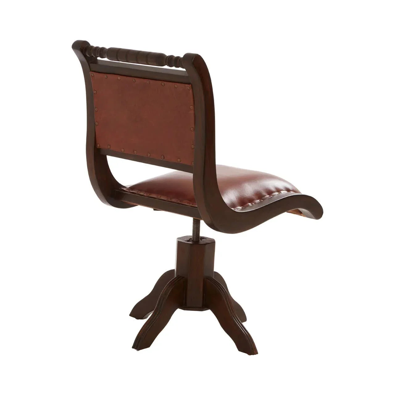 Brown leather swivel office chair with wooden frame and backrest detail, rear view