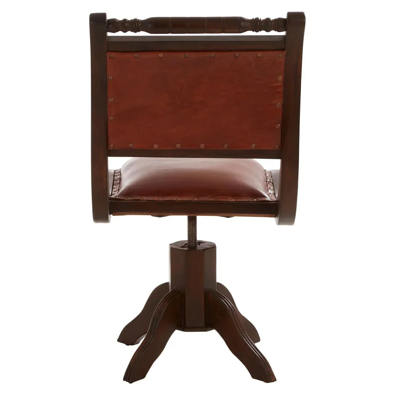 Back view of brown leather office chair with wooden base and studded trim