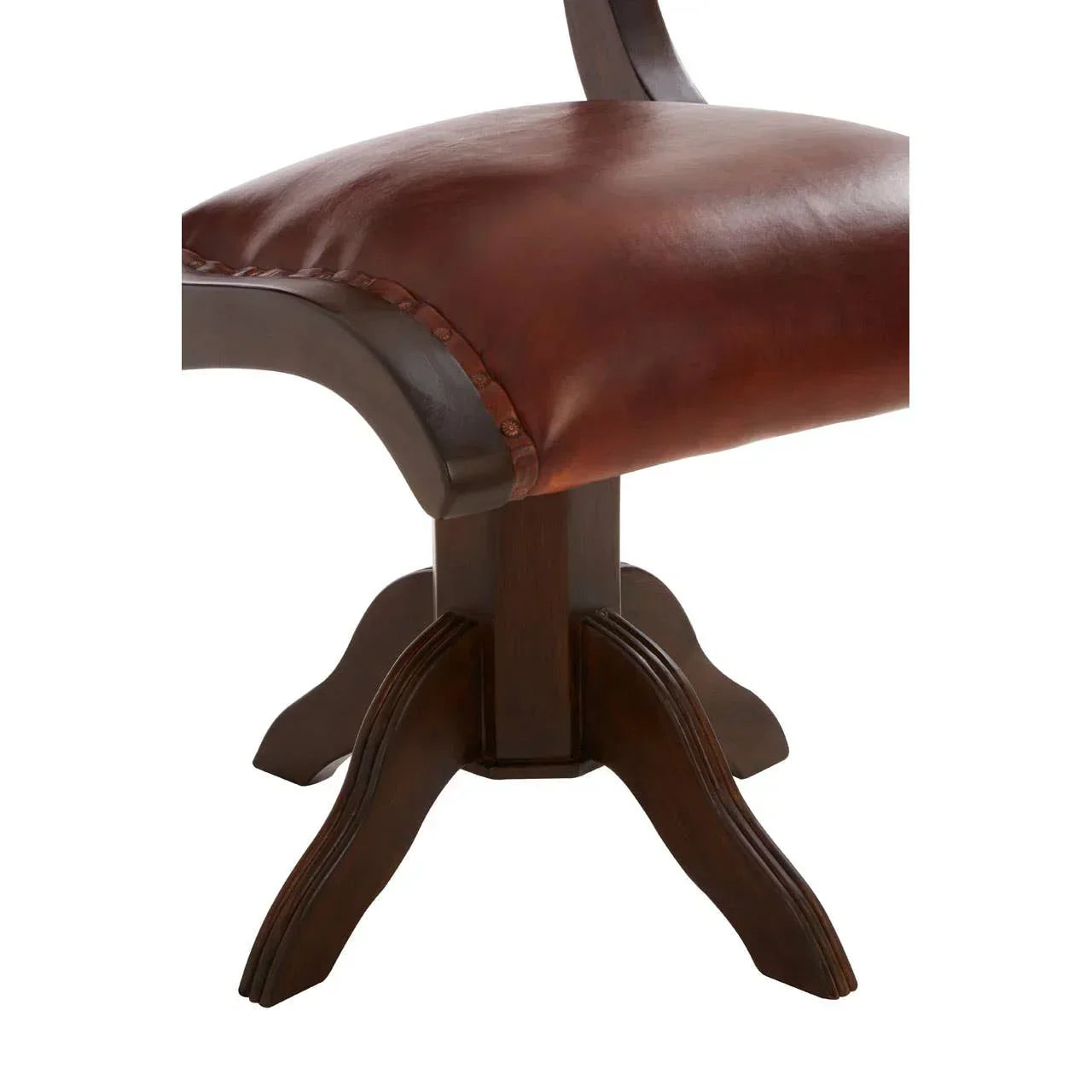 Brown leather dining chair seat with wooden legs and studded trim detail