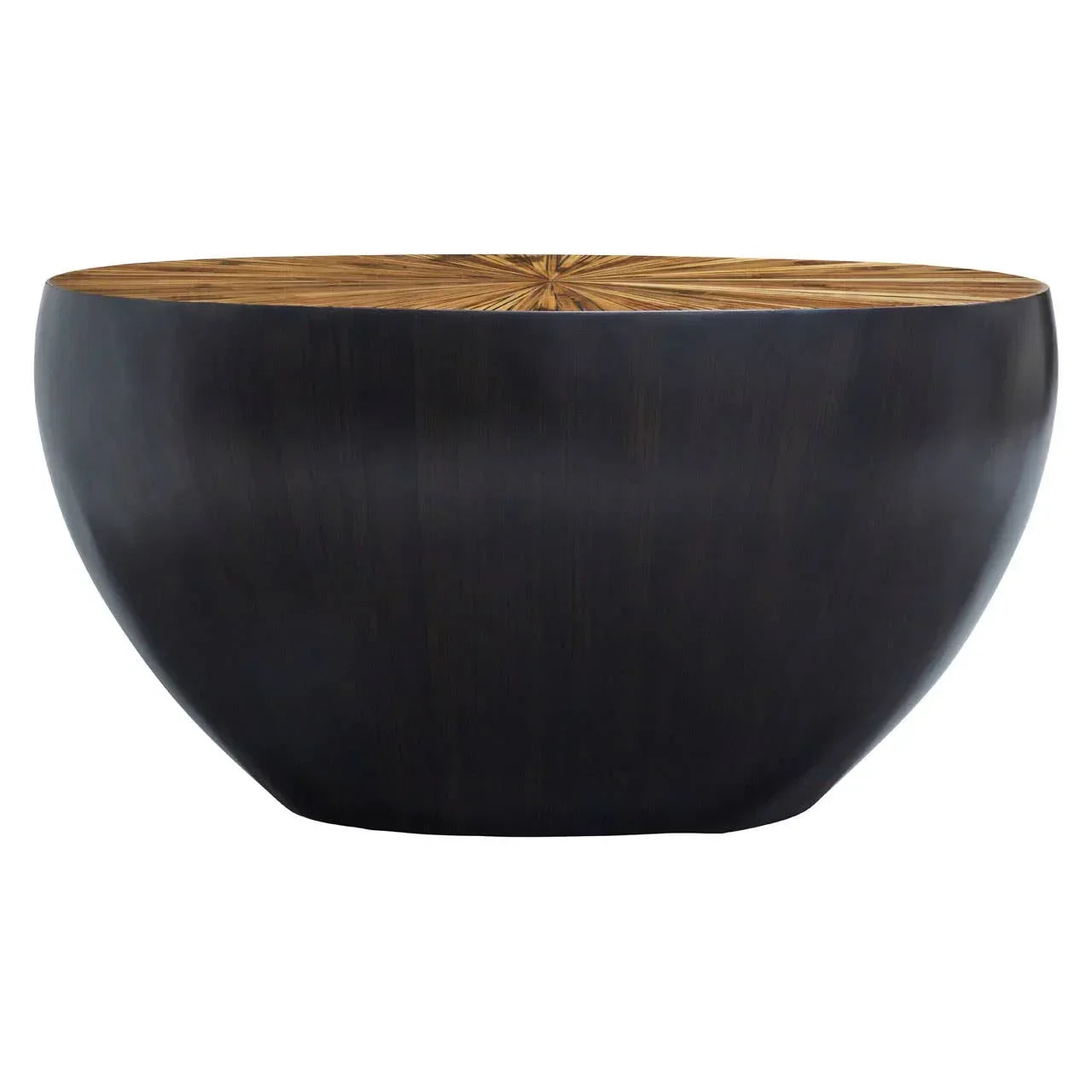 Round black coffee table with natural wood starburst top, modern living room furniture
