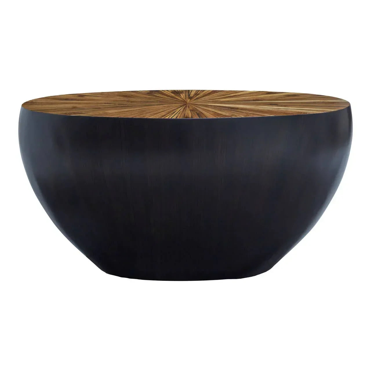 Round black coffee table with wood grain sunburst top, modern bowl-shaped design