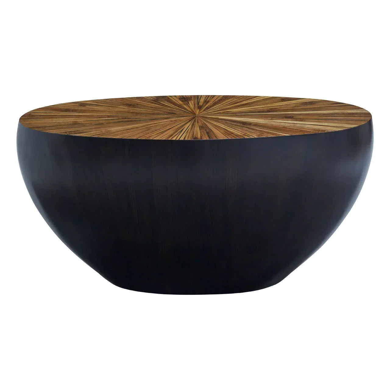 Round coffee table with starburst wood top and black curved base