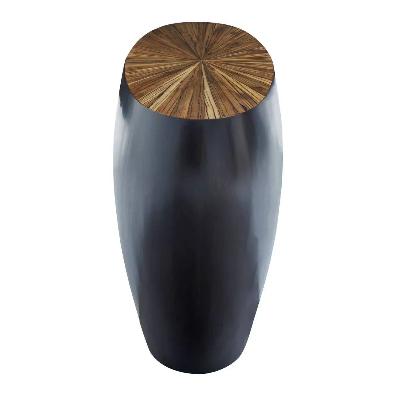 Black metal side table with round wooden top and sunburst grain detail