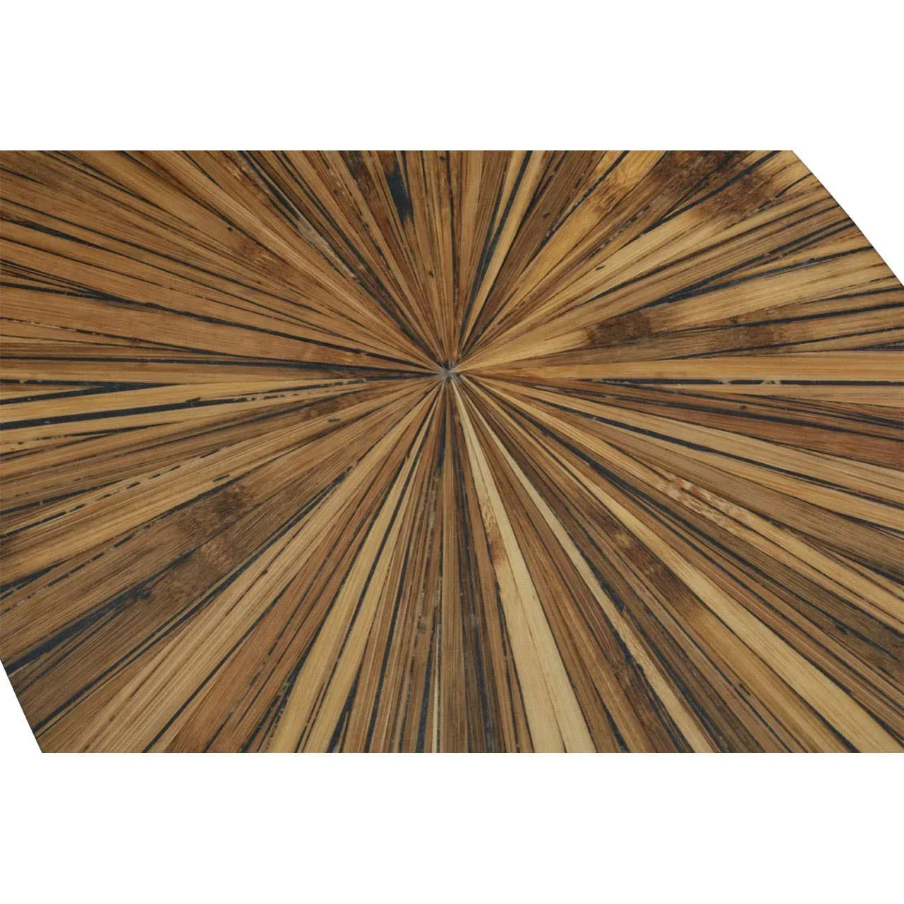 Geometric wooden tabletop with sunburst pattern and natural brown finish