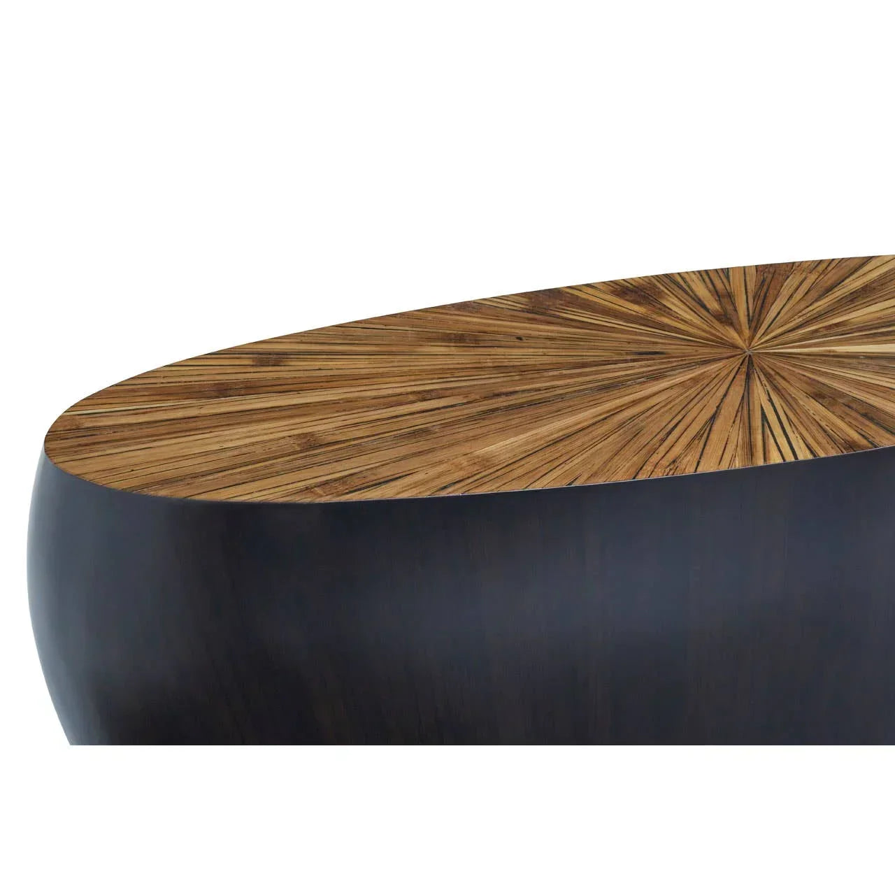 Oval wooden coffee table with sunburst patterned top and dark curved base
