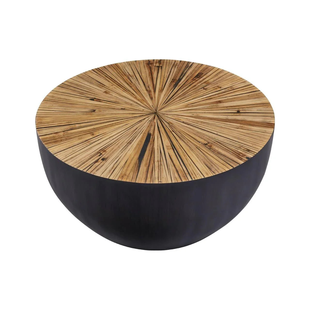 Round coffee table with black base and starburst patterned wood top