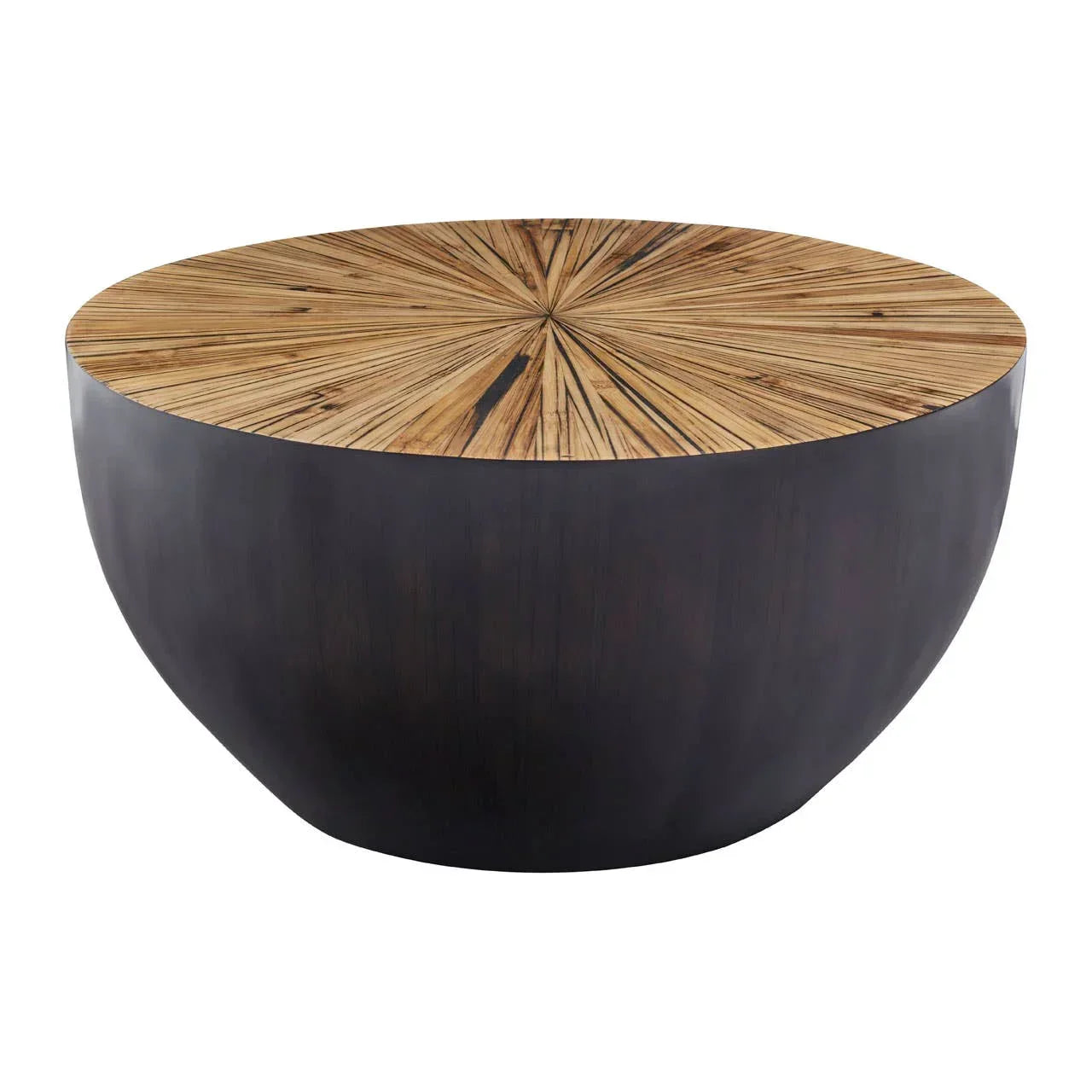 Round coffee table with black base and sunburst wood veneer top