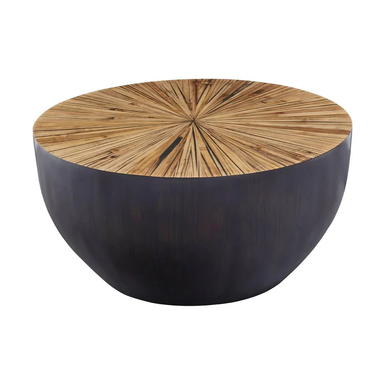 Round coffee table with dark base and sunburst wood top design