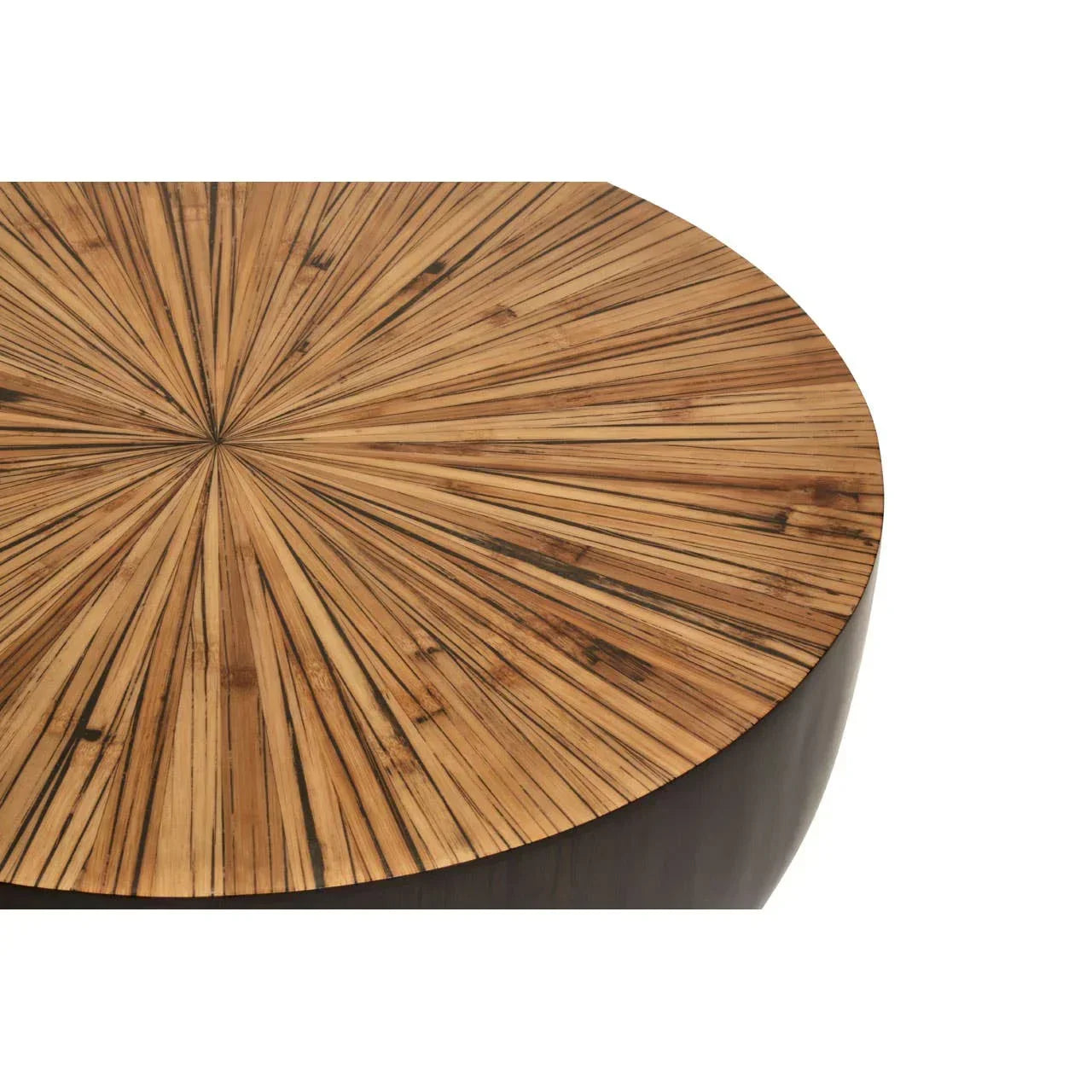 Round wooden coffee table with sunburst veneer top and dark base, close-up view