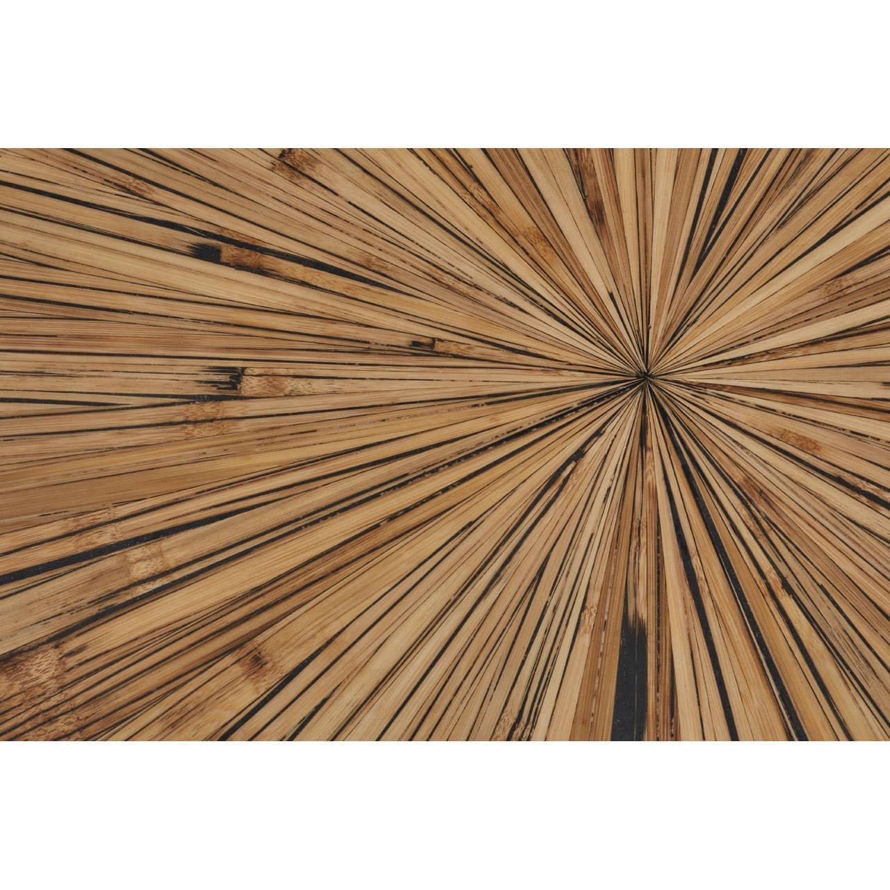 Close up of wooden coffee table surface with sunburst pattern and natural wood grain