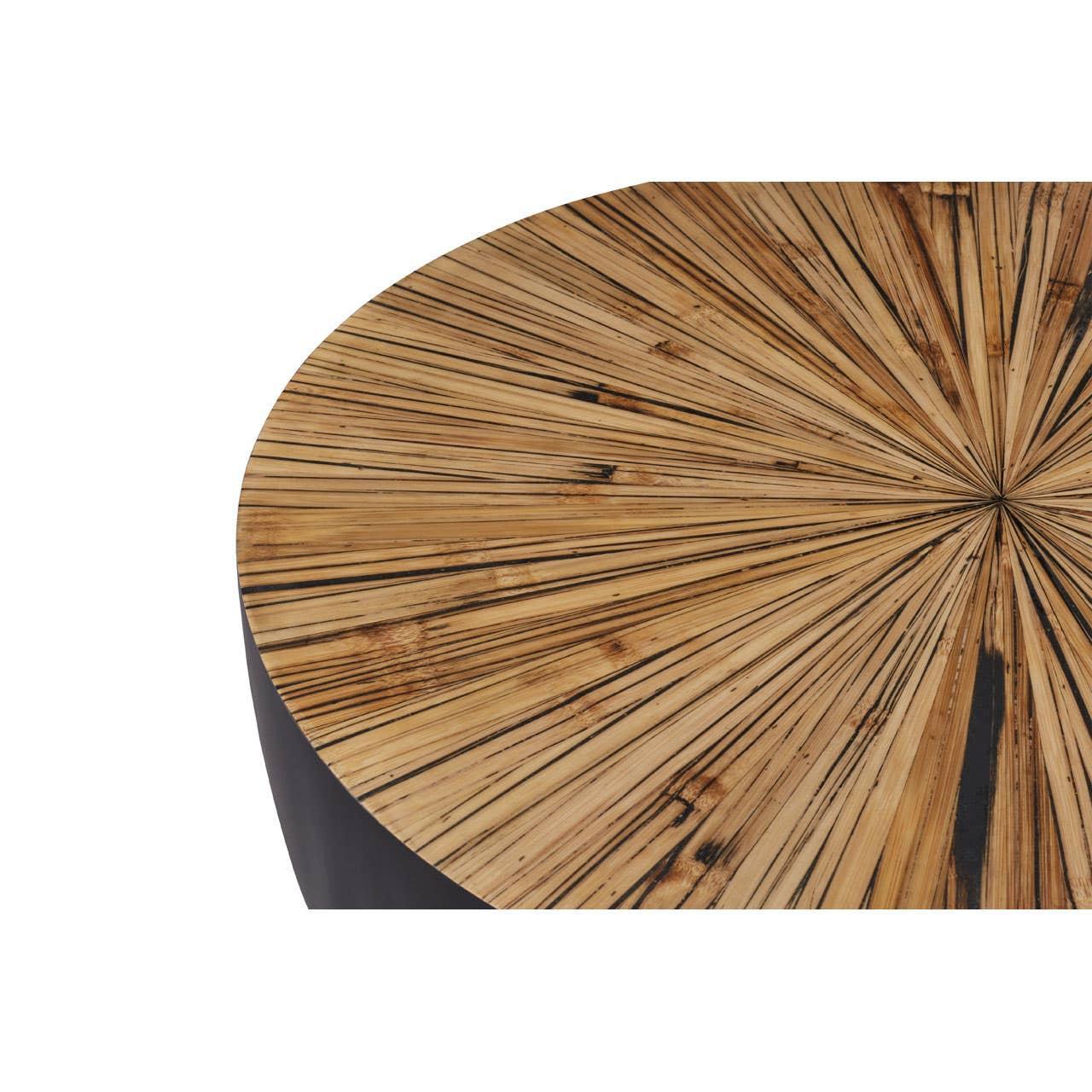 Round coffee table with natural wood veneer top and sunburst pattern