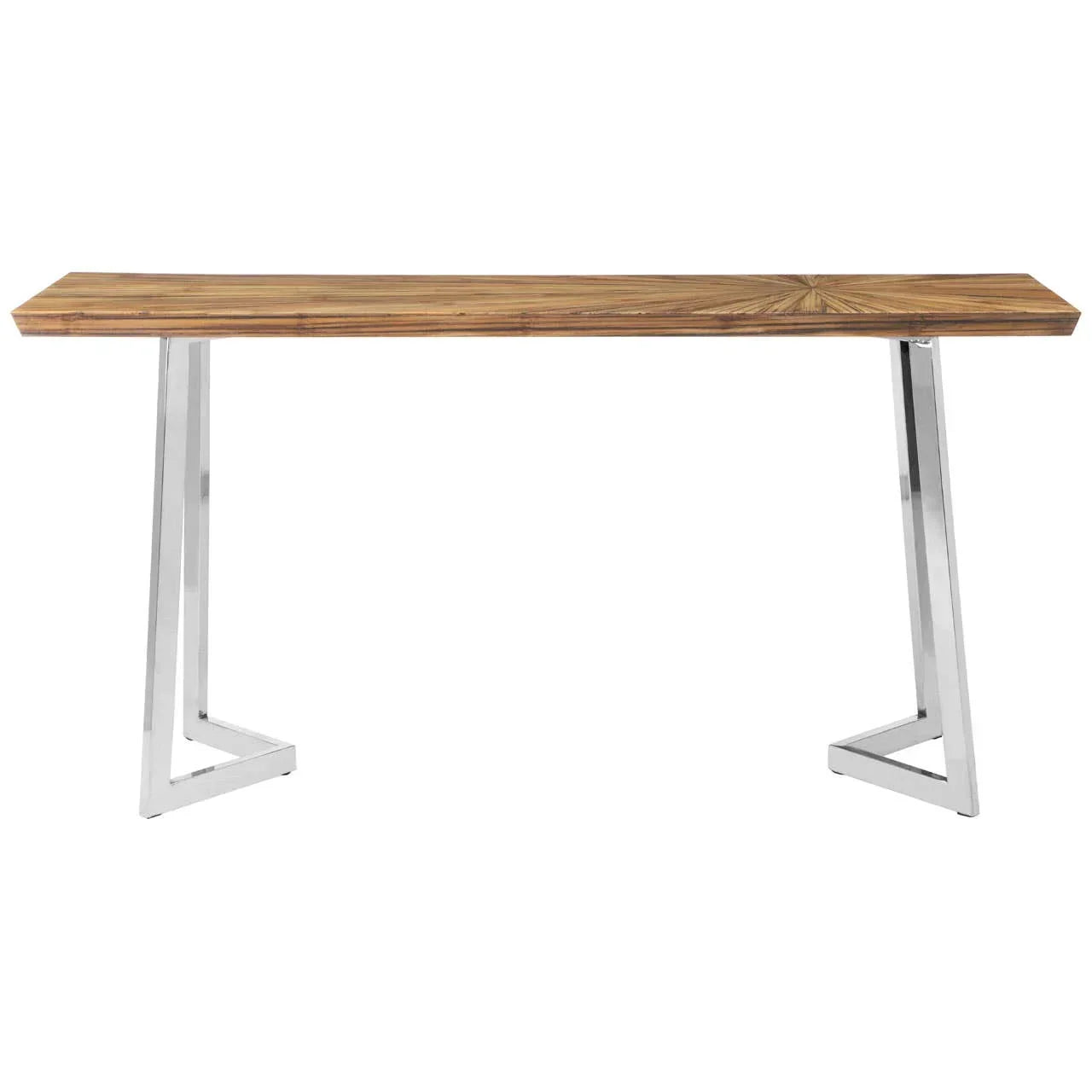 Modern console table with wooden top and chrome metal legs against white background