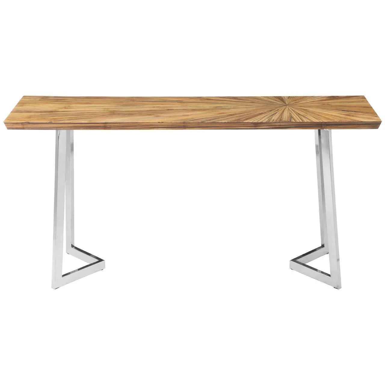 Wood console table with sunburst pattern top and chrome metal legs, front view