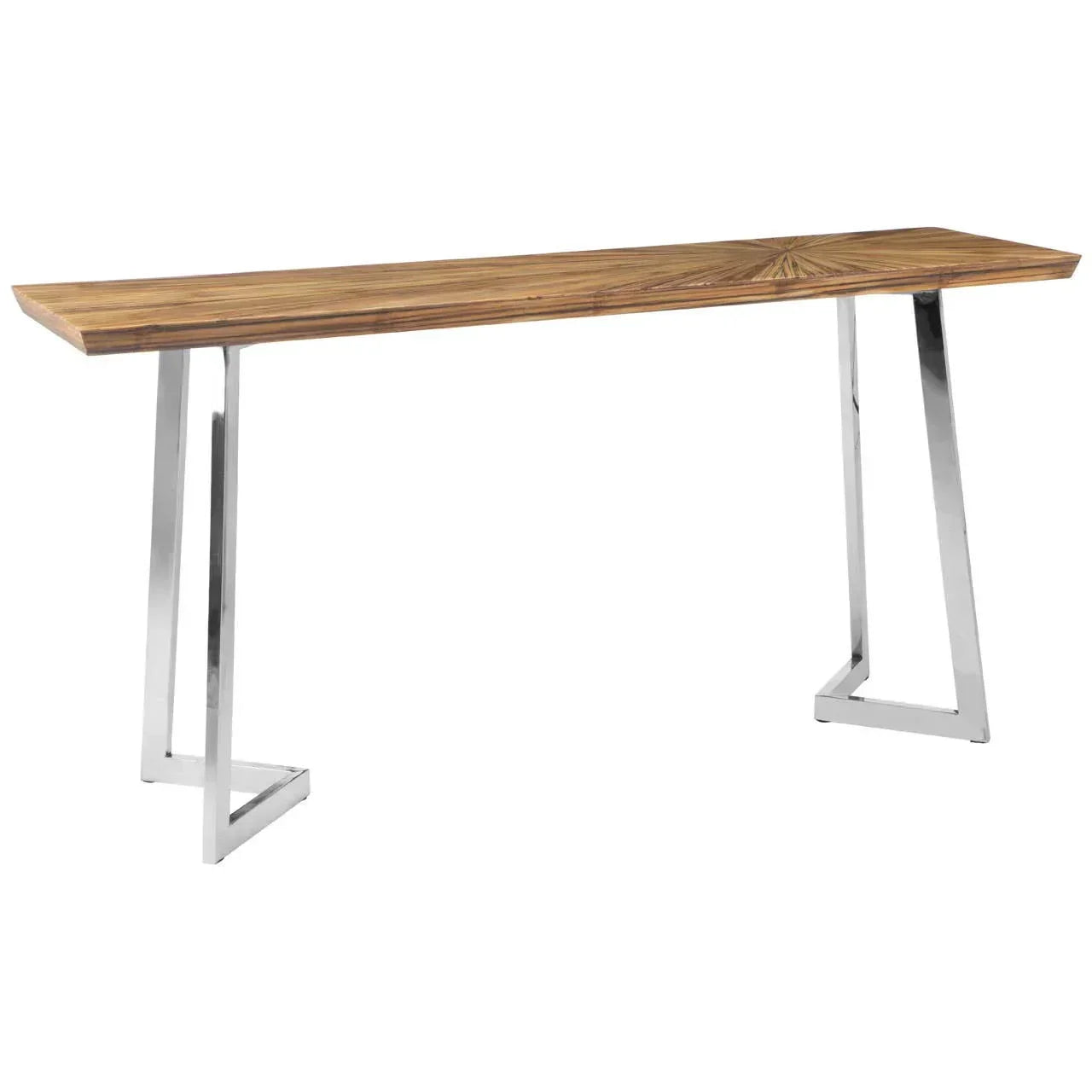 Rectangular console table with wooden top and angled chrome legs