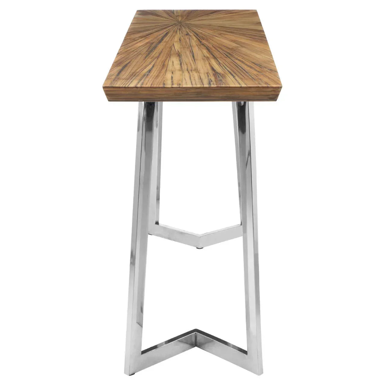 Rectangular wooden console table with chrome metal legs, viewed from the narrow end