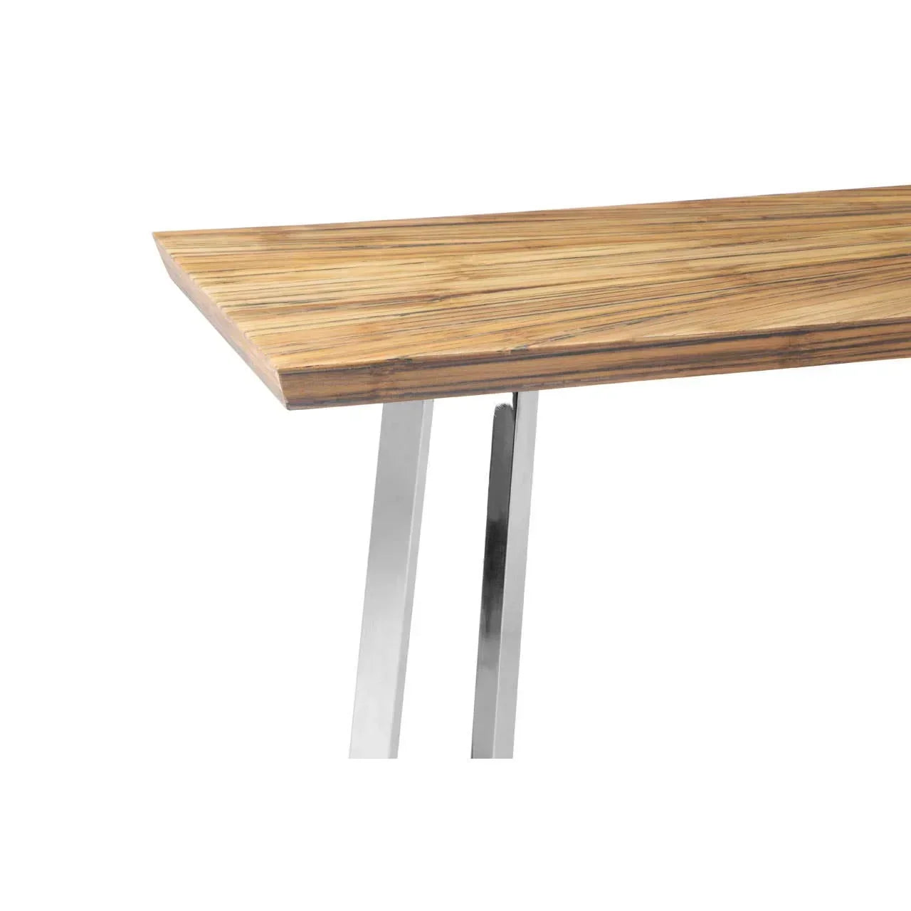 Wood console table with striped grain and chrome metal angled legs, close-up view