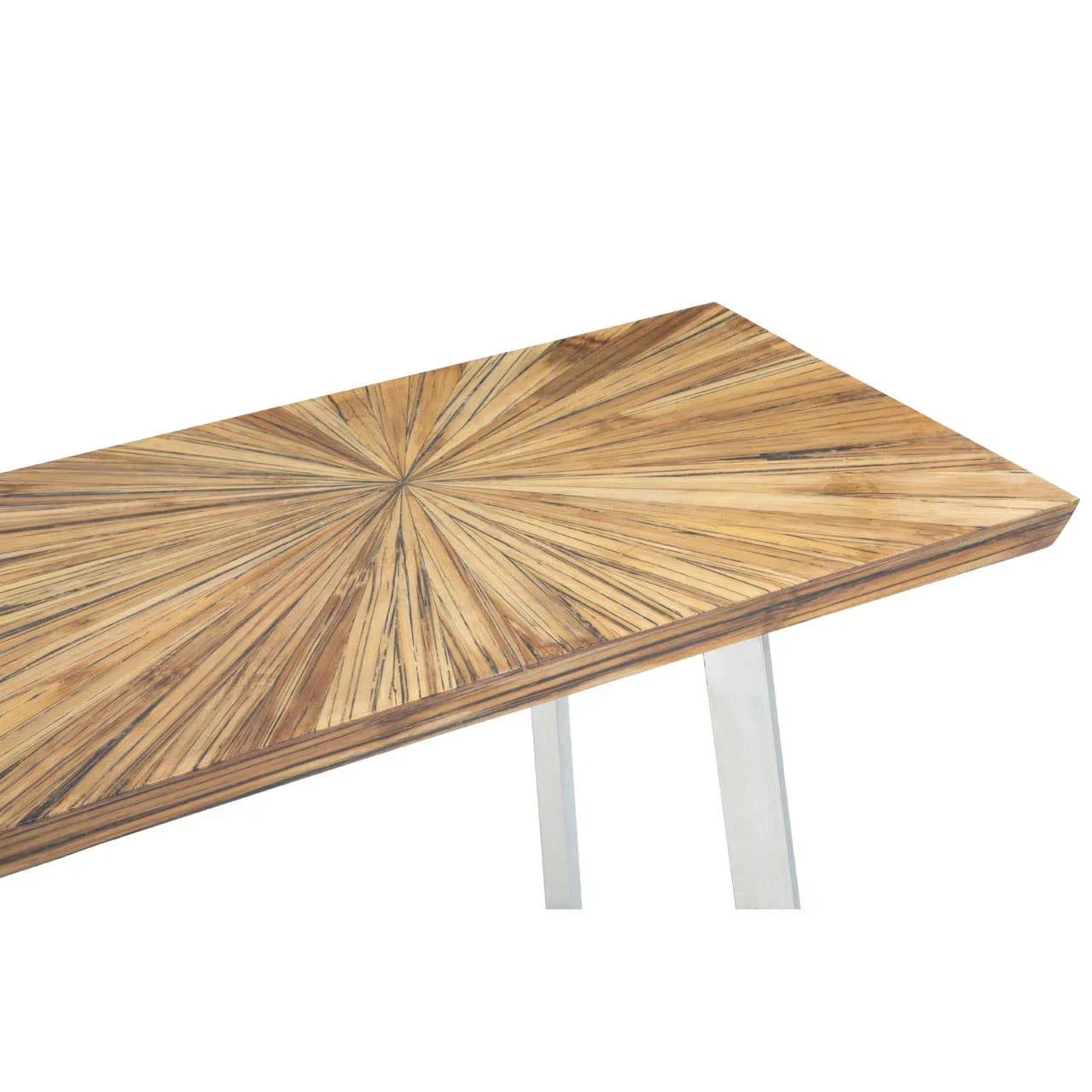 Wooden dining table with sunburst pattern top and metal legs