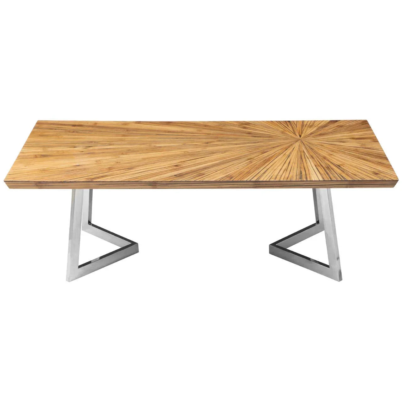Rectangular wooden dining table with sunburst pattern and modern chrome legs