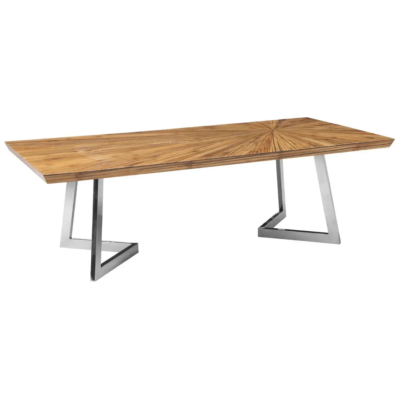 Large wooden dining table with geometric metal legs and sunburst patterned top