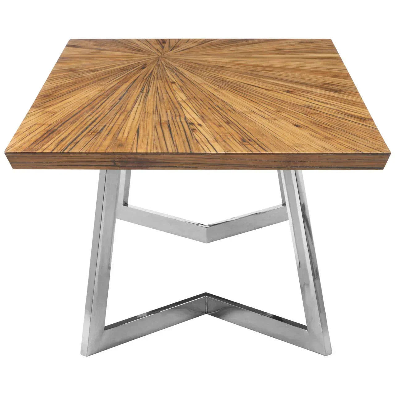 Square dining table with sunburst wood top and modern chrome metal legs