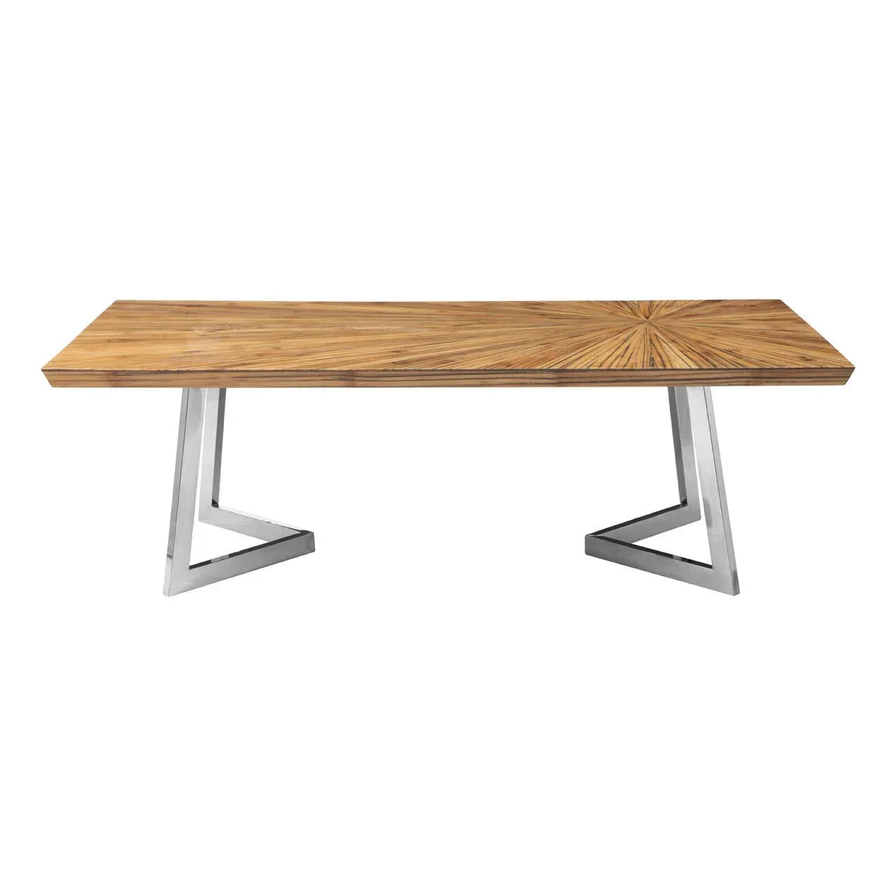 Rectangular wooden dining table with stainless steel legs and sunburst veneer top