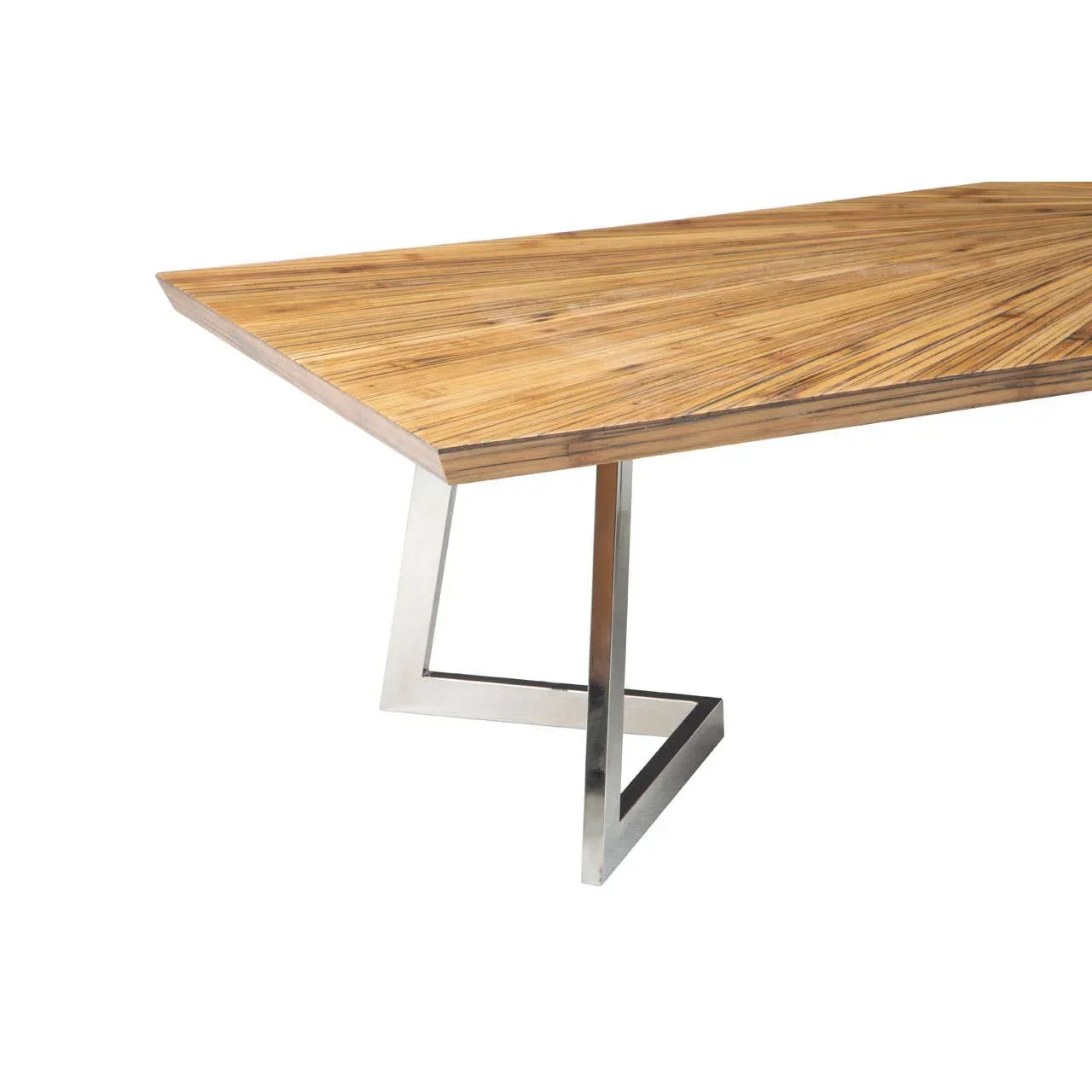 Rectangular wooden dining table with metal angled legs and striped wood grain finish