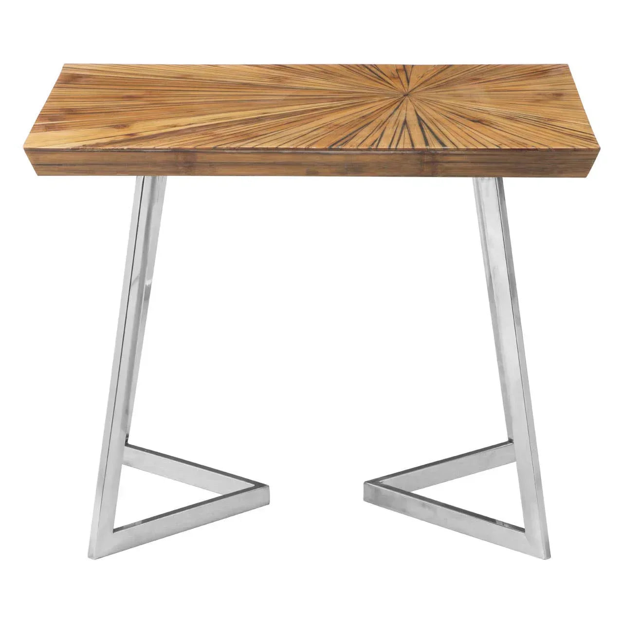 Wood console table with sunburst pattern top and modern chrome metal legs