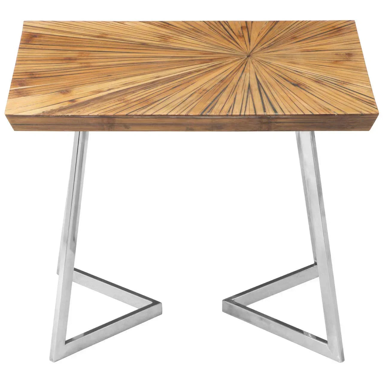 Rectangular wood console table with sunburst patterned top and metal legs