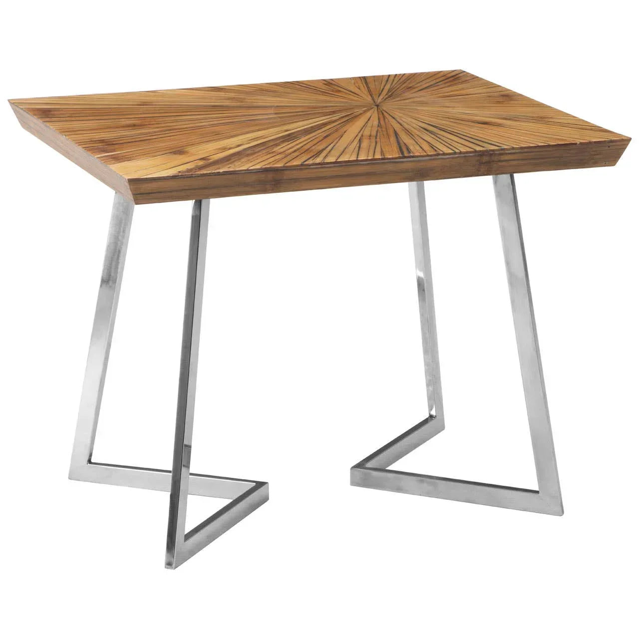 Rectangular wooden side table with sunburst pattern and angled chrome legs
