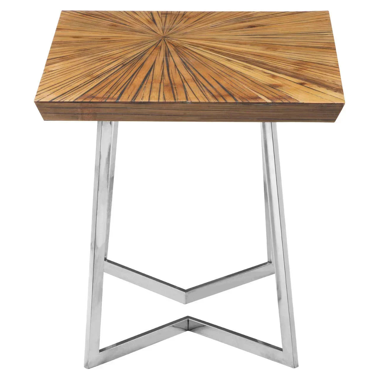 Geometric wood side table with starburst inlay and chrome metal legs, front view